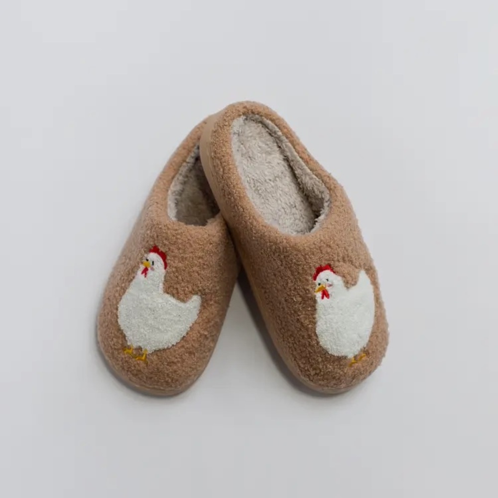 Cozy Tan Slippers with Chicken Embroidery